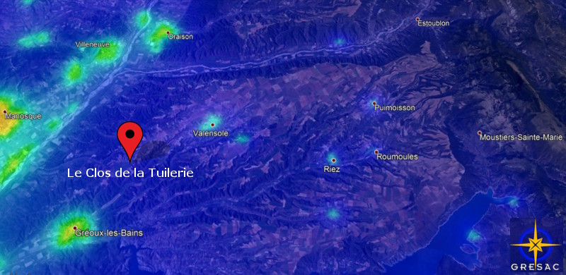 Carte GRESAC montrant la faible pollution lumineuse autour du Clos de la Tuilerie, site idéal pour l’observation des étoiles en Provence